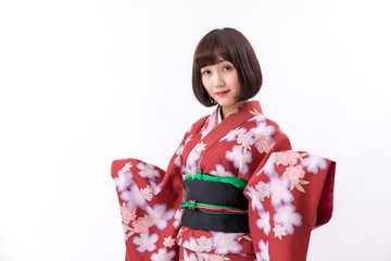 Fototapeta premium 着物 大和撫子 白背景 立ち姿 袖上げ