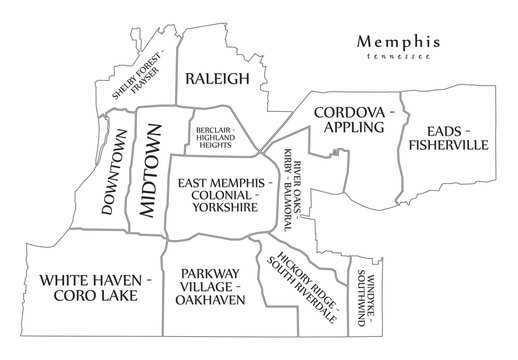 Modern City Map - Memphis Tennessee city of the USA with neighborhoods and titles outline map