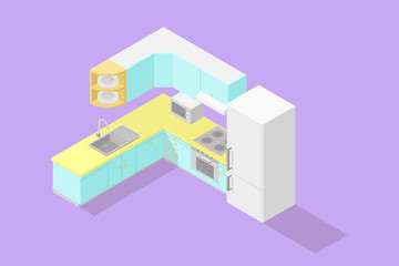 Low poly isometric kitchen set. Realistic icon. Isolated illustration of kitchen furniture and appliances