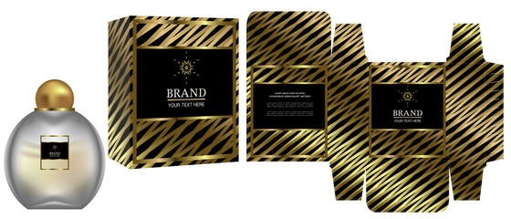 Packaging design, Label on cosmetic container with black and gold luxury box template and mockup box, illustration vector.