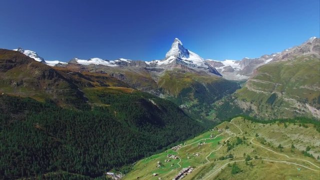 4K Matterhorn Switzerland aerial shot. Perfect view on the Cervin - the most famous swiss mountain