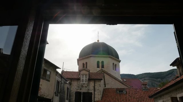 tower of the old Church from the window of the building in front