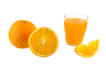 Glass of Fresh Orange Juice, Full and Half crescent Orange Fruit on white background