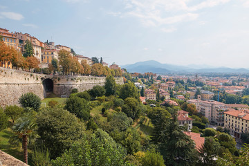 Fototapeta na wymiar Bergamo, Italy - August 18, 2017: The Castle of La Rocca Bergamo is located in the upper part of the city on the hill of Saint Euphemia.