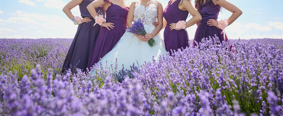 Girlfriends of the bride and bride in the field of lavender.