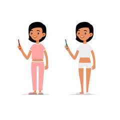Obraz premium Cute Girl in Pajamas Brushing Teeth. Flat Style Vector