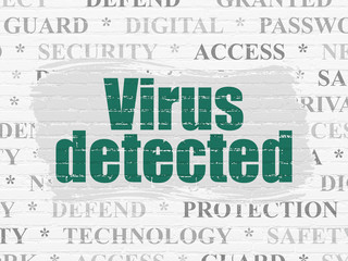 Security concept: Painted green text Virus Detected on White Brick wall background with  Tag Cloud