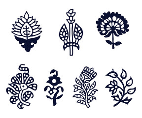 PrintSet of 7 wood block print floral elements. Traditional oriental ethnic motifs of India Kashmir, monochrome. For your design.