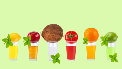 Fresh fruit juices on white background