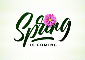 Vector spring is coming illustration with beautiful pink flower on white background. Floral design template with typography letter for greeting card or promotional banner.
