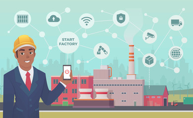 Smart factory. Dark skinned businessman with phone in his hand starts and manage huge plant with application. Vector.