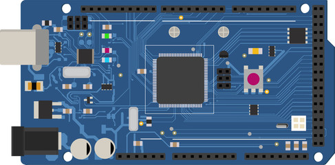 DIY electronic mega board with a microprocessor, interfaces, LEDs, connectors, and other electronic components, to form the basic of smart home, robotic, and many other projects related to electronics - obrazy, fototapety, plakaty