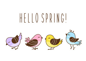 Spring greeting card with cute little birds