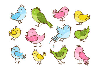 Set of 12 cute birds isolated on white