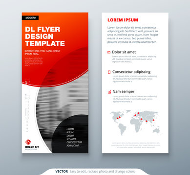 DL Flyer design. Red business template for dl flyer. Layout with modern circle photo and abstract background. Creative flyer or brochure concept.