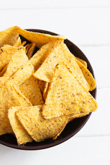 Nachos traditional mexican dish bowl top down.