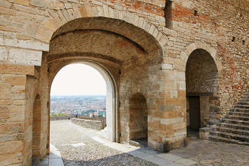 Fototapeta na wymiar Bergamo, Italy - August 18, 2017: Bergamo view from the Porta di San Giacomo in Citt Alta.