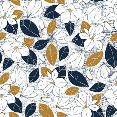 Fototapeta na wymiar Botanical print with magnolia flowers,buds and leaves in deep blue and mustard colors on grunge background. Vector hand drawn illustration.