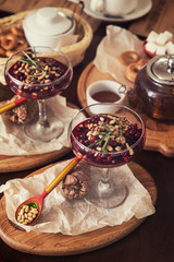 Tasty dessert from beriies with pine seed