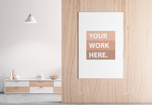 Vertical Poster Mockup on Wooden Wall with Contemporary Furniture