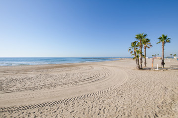 landscape Beach of Turret San Vicente or Sant Vicent, also named Torreon, in Benicassim, Castellon, Valencia, Spain, Europe. Lonely golden sand, palm trees, blue clear sky and Mediterranean Sea
