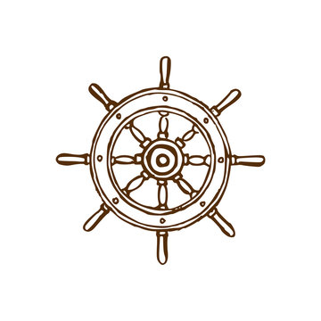 Drawn illustration of wheel in vector. Marine background. Naval symbol.
