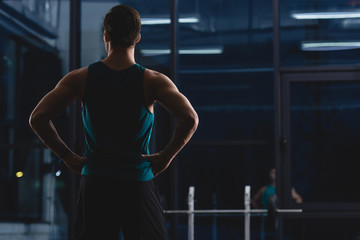 back view of silhouette of muscular sportsman standing in sports center