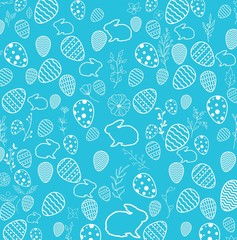 Easter seamless pattern with flowers, bunnies, and eggs on blue background