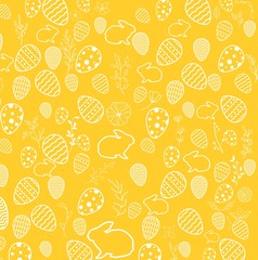 Easter seamless pattern with flowers, bunnies, and eggs on yellow background