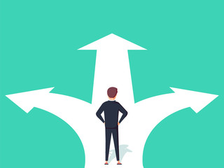 Business decision concept vector illustration. Businessman standing on the crossroads with two arrows and directions.