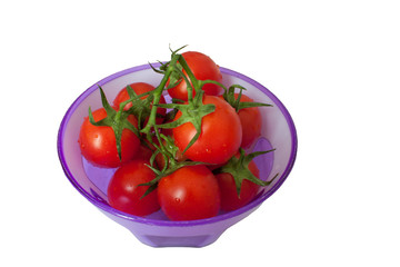 Cherry tomatoes on a branch in a vase on a white background