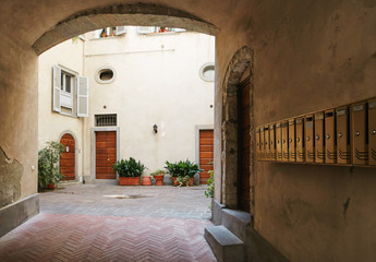 Bergamo, Italy - August 18, 2017: Patio of the old apartment building.