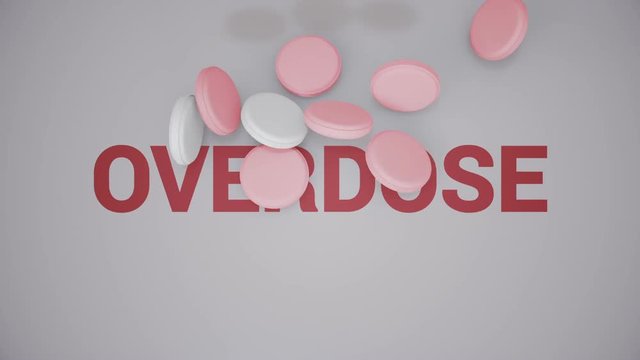 Word overdose covered by falling down white and red pills.
Animation of a lot of falling tablets.