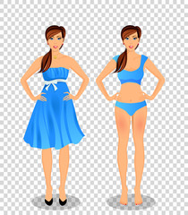 cartoon girl with long brown hair in blue dress and underwear