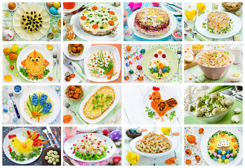 Food collage of Easter salad, snack and appetizer