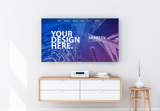 Flatscreen TV on White Wall Over Drawers Mockup
