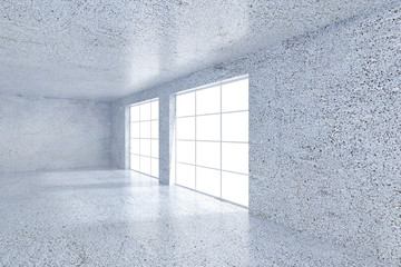 Empty office, white wall in front of panoramic window. Concept of new office. 3D rendering