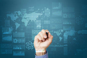 Internet, Business and technology concept. Icons, diagrams and graphs background on virtual screen.
