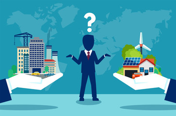 Man choosing between urban and country lives