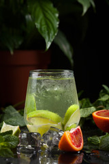 glasse with iced vodka on black background