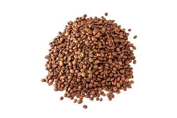 Coffee grains scattered over the surface. A bunch of roasted coffee beans close-up.