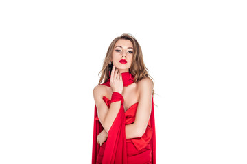 fashionable beautiful woman posing in red clothes, isolated on white