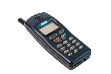 Old fashioned black mobile phone isolated on white background