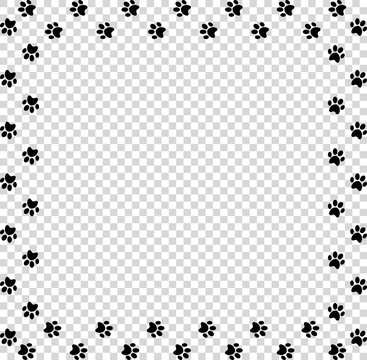Square frame made of black animal paw prints on transparent background.