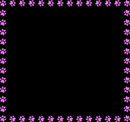 Square frame made of pink animal paw prints on black background.