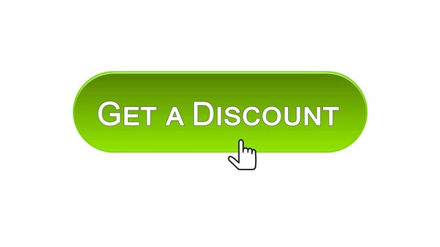 Get a discount web interface button clicked with mouse cursor, green color
