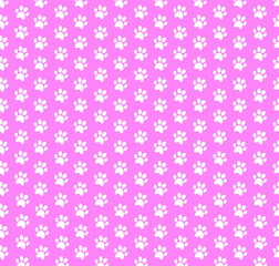 Square seamless baby pattern of white animal paw prints on pink background.