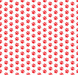 Square seamless pattern of red animals pawprints on white background.