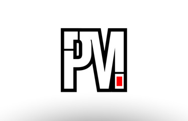 red and black alphabet letter pm p m logo combination icon design