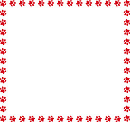 Square frame made of red animal paw prints on white background.